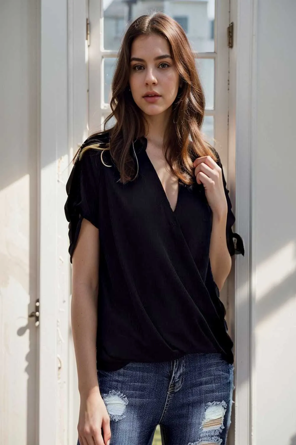 women s blouses loose solid belted long sleeve blouse