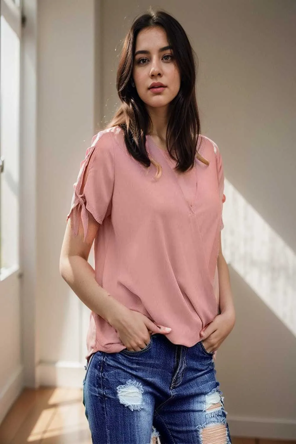 women s blouses loose solid belted long sleeve blouse