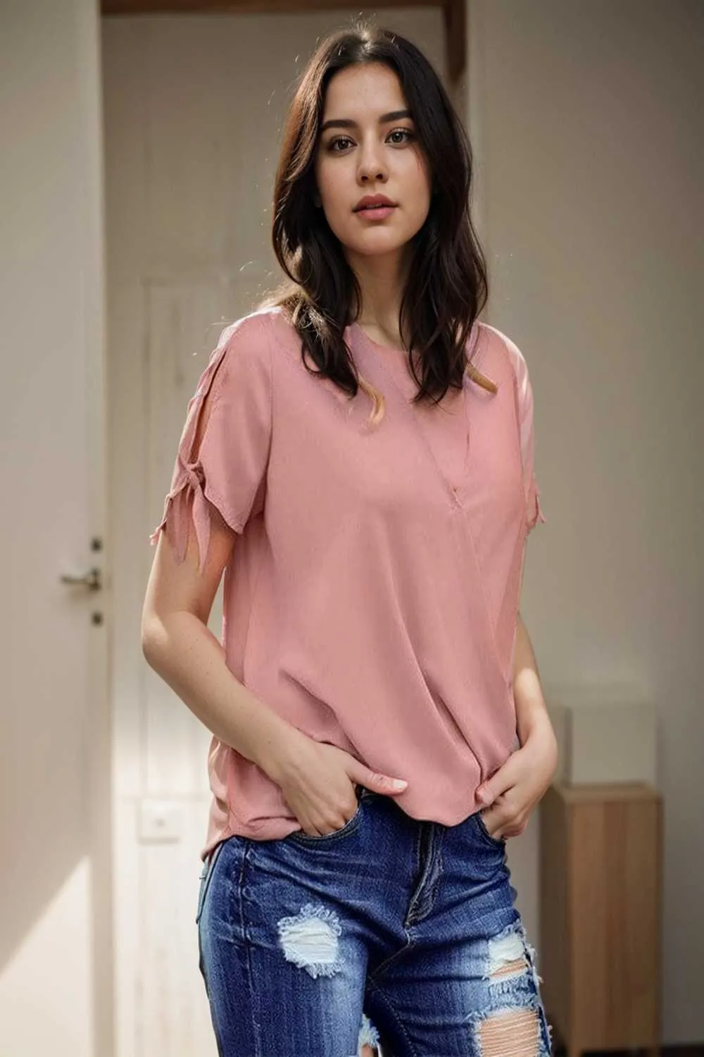 women s blouses loose solid belted long sleeve blouse