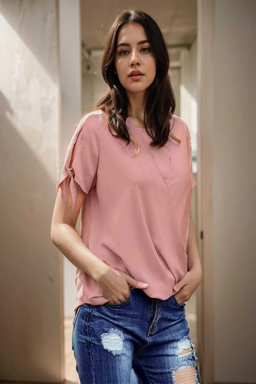 women s blouses loose solid belted long sleeve blouse