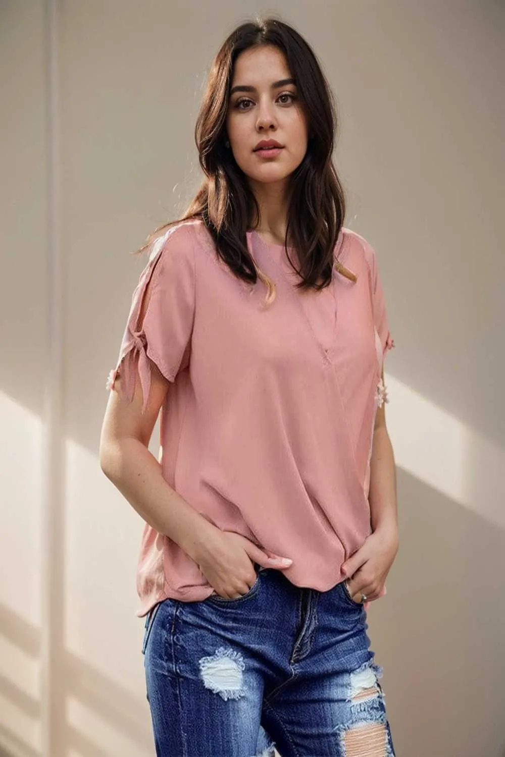 women s blouses loose solid belted long sleeve blouse