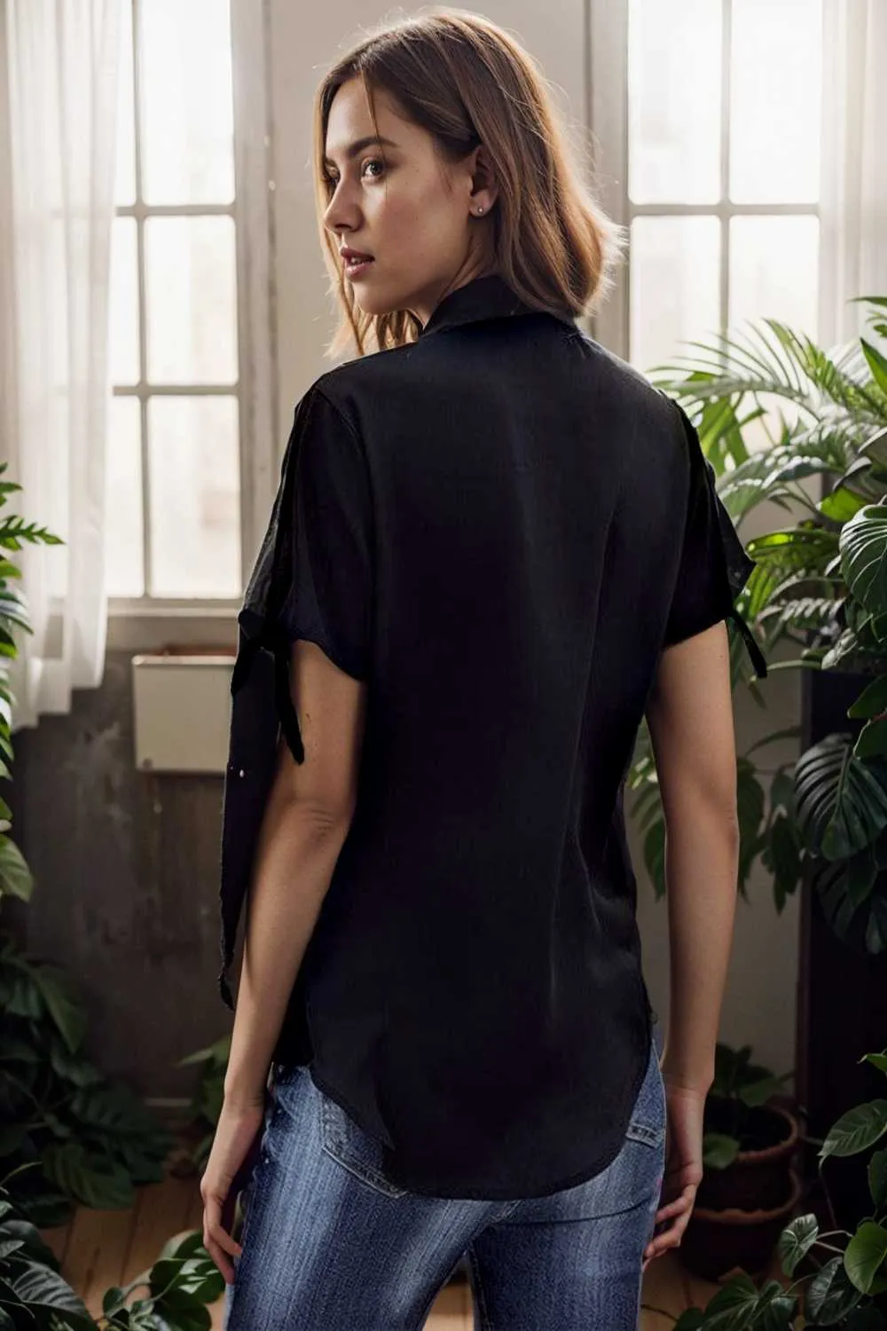 women s blouses loose solid belted long sleeve blouse