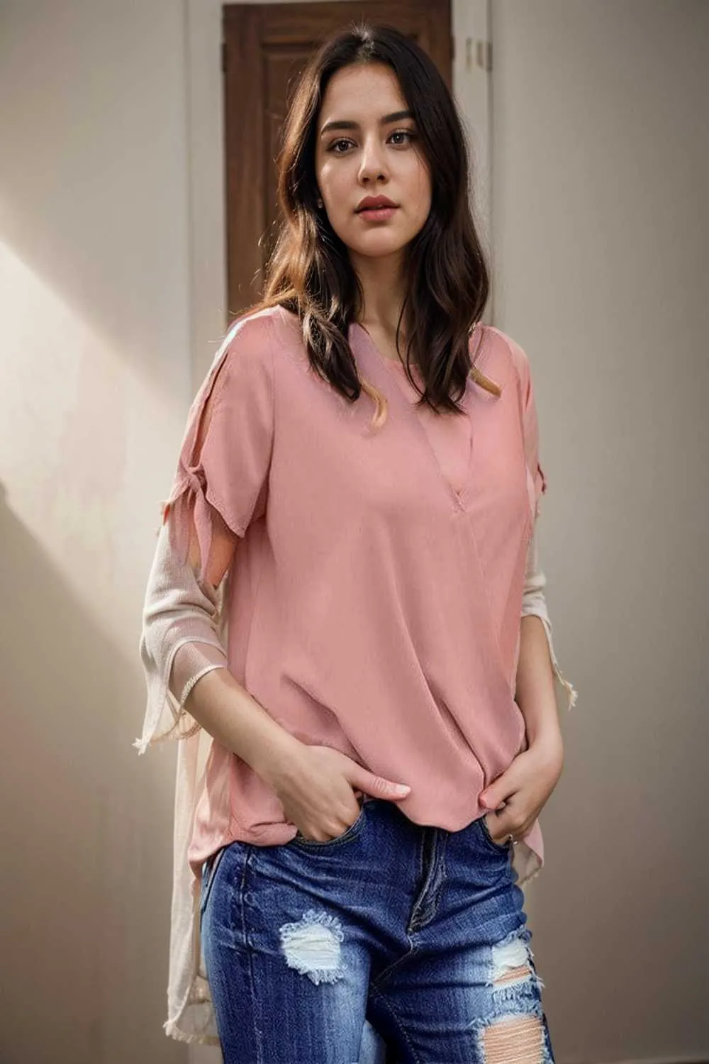 women s blouses loose solid belted long sleeve blouse