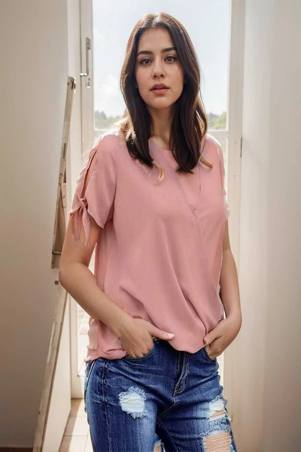 women s blouses loose solid belted long sleeve blouse