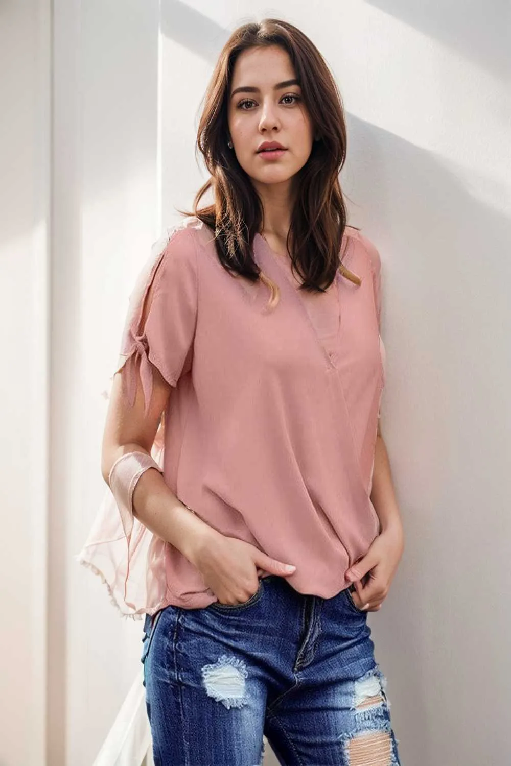 women s blouses loose solid belted long sleeve blouse