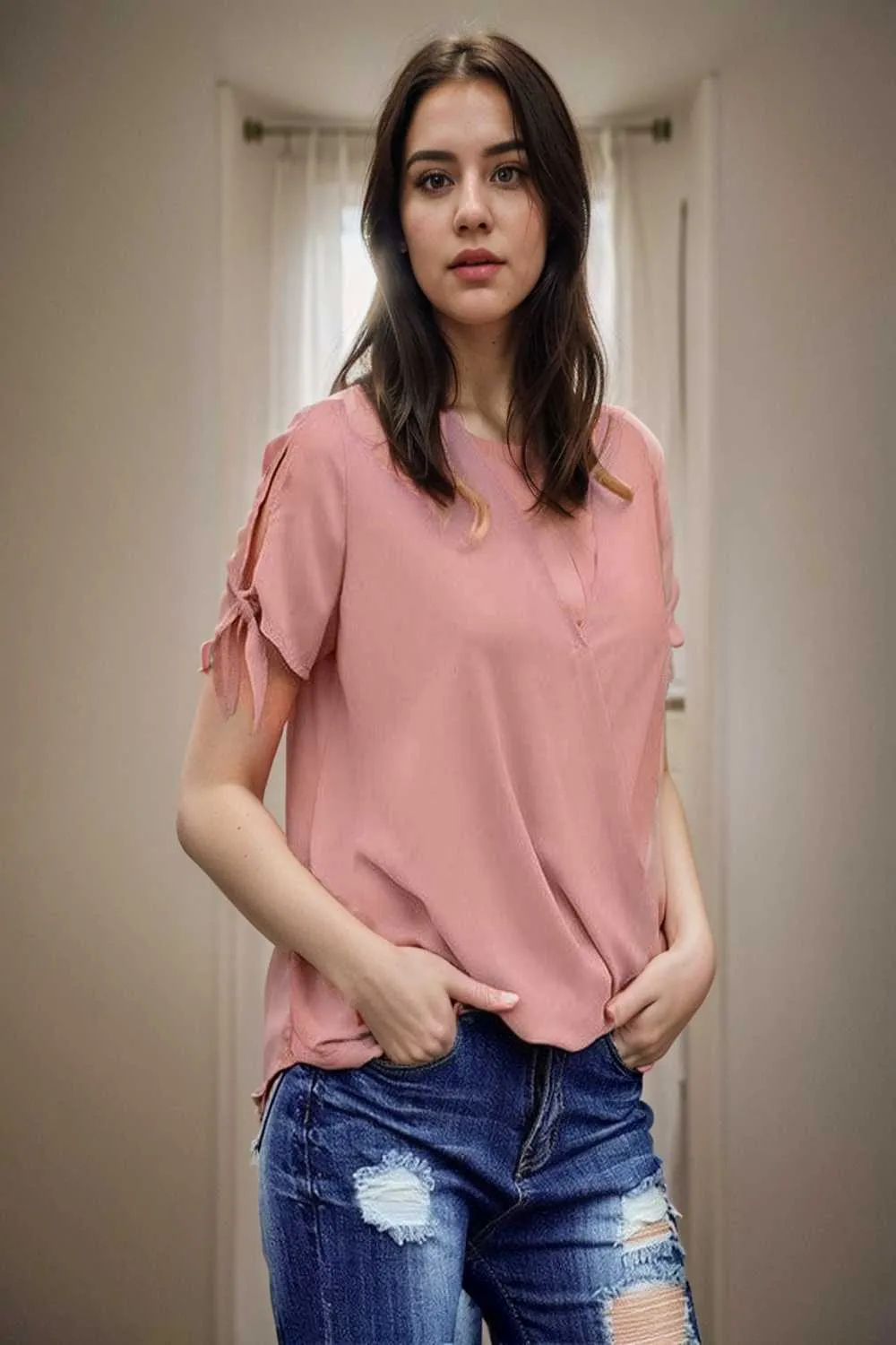 women s blouses loose solid belted long sleeve blouse