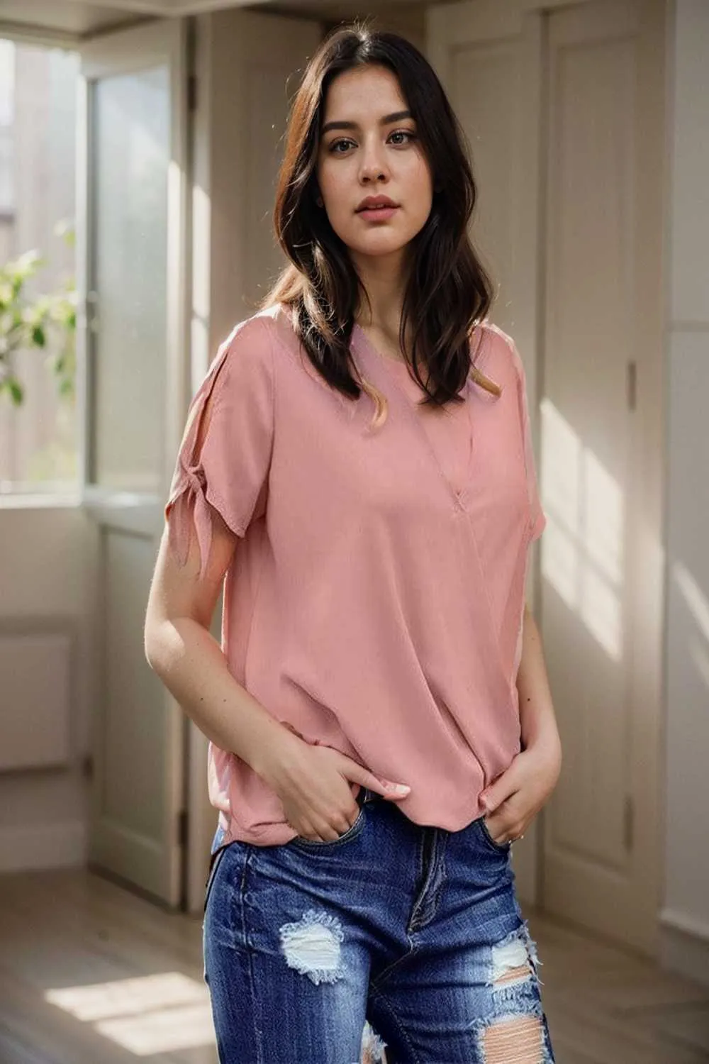 women s blouses loose solid belted long sleeve blouse