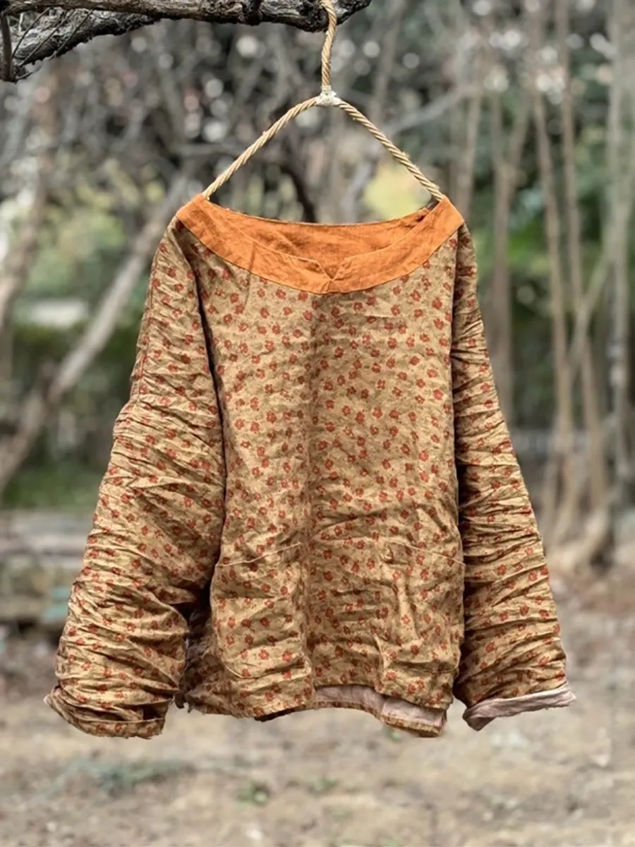 Women Spring Colorblock Floral O-Neck Linen Shirt