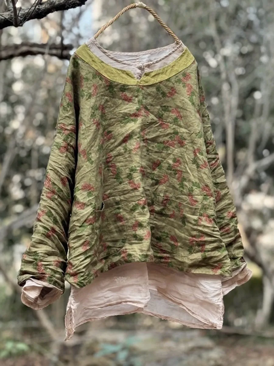 Women Spring Colorblock Floral O-Neck Linen Shirt
