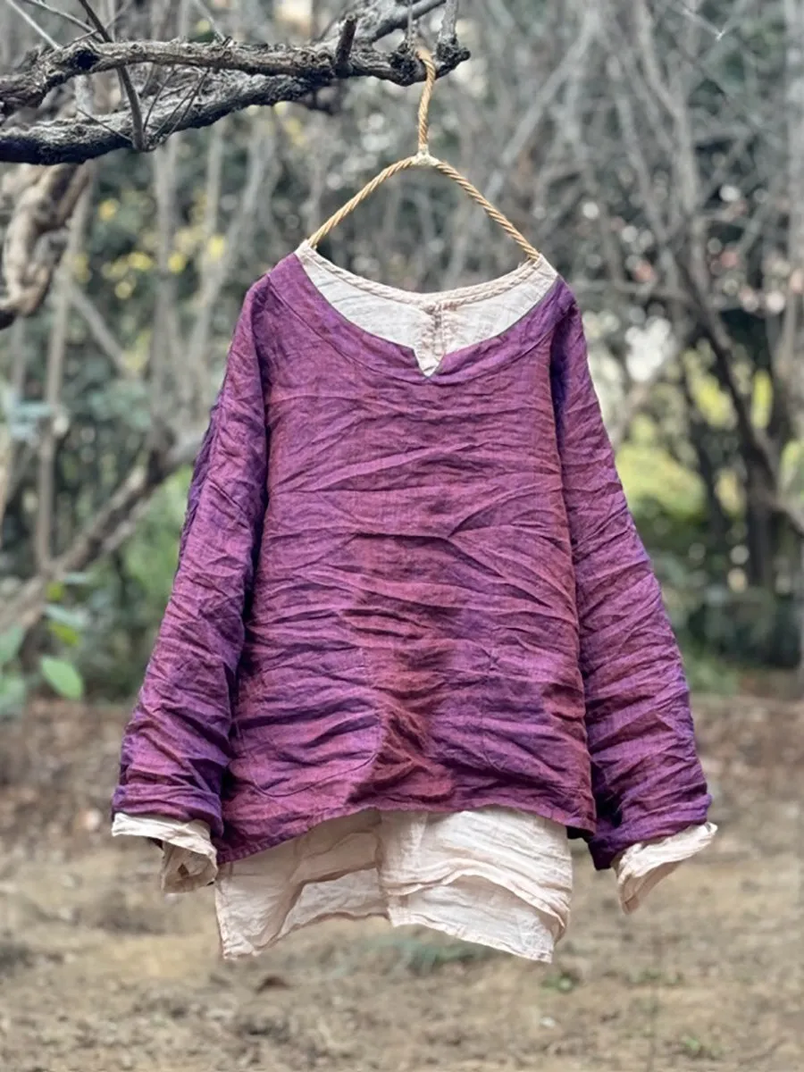 Women Spring Colorblock Floral O-Neck Linen Shirt