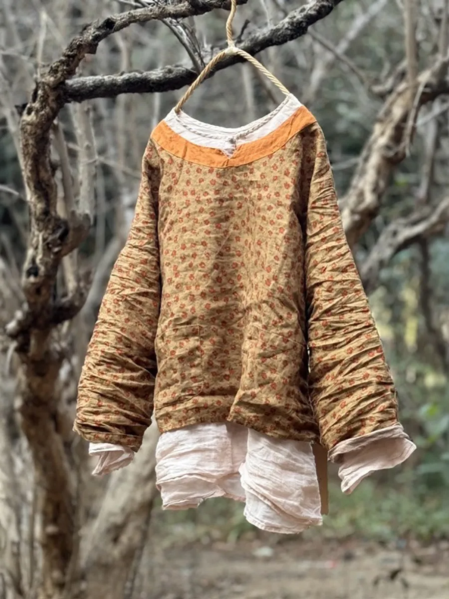 Women Spring Colorblock Floral O-Neck Linen Shirt