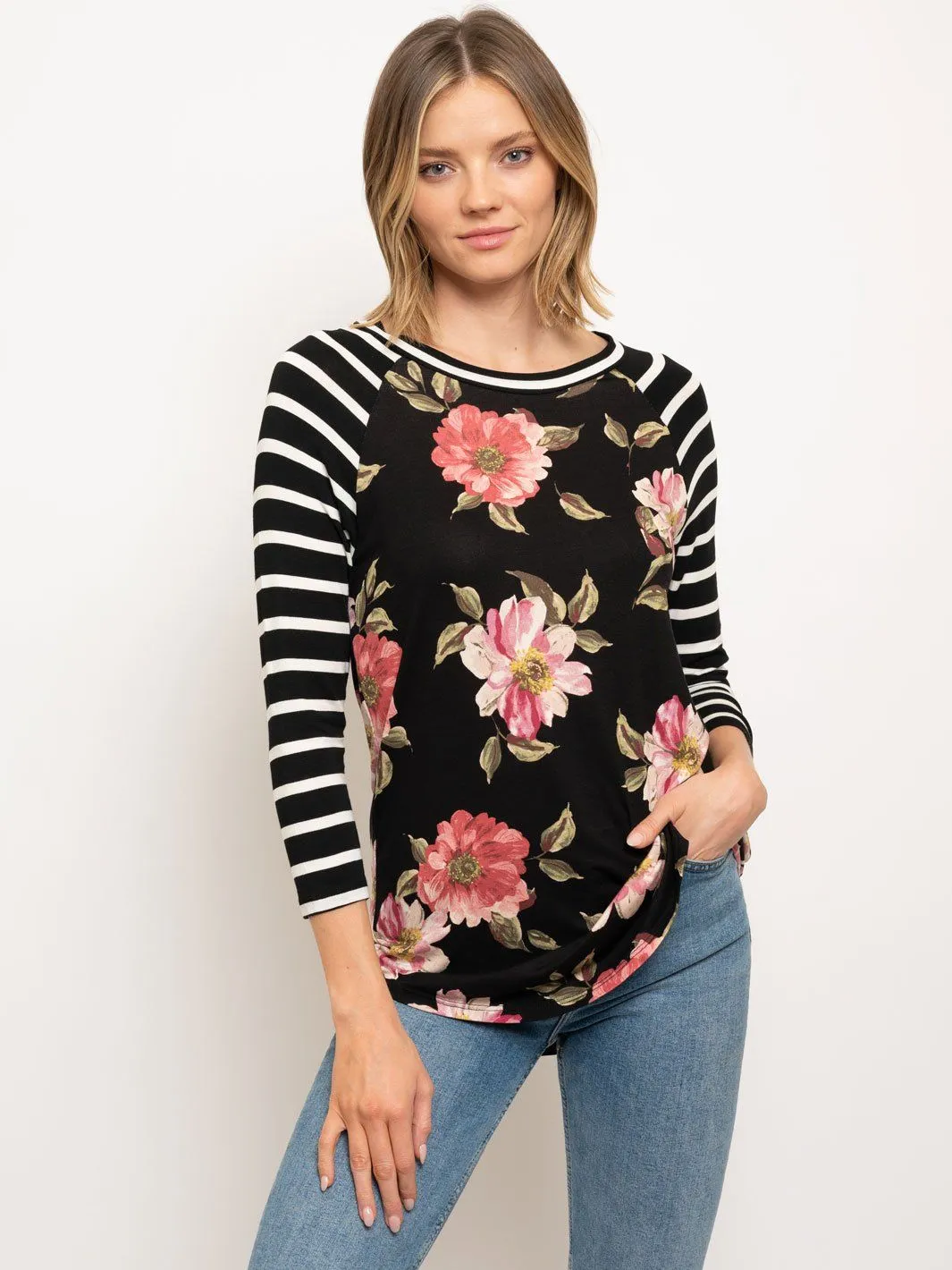 WOMEN'S BASEBALL TEE 3/4 SLEEVE STRIPES FLORAL BODY TOP