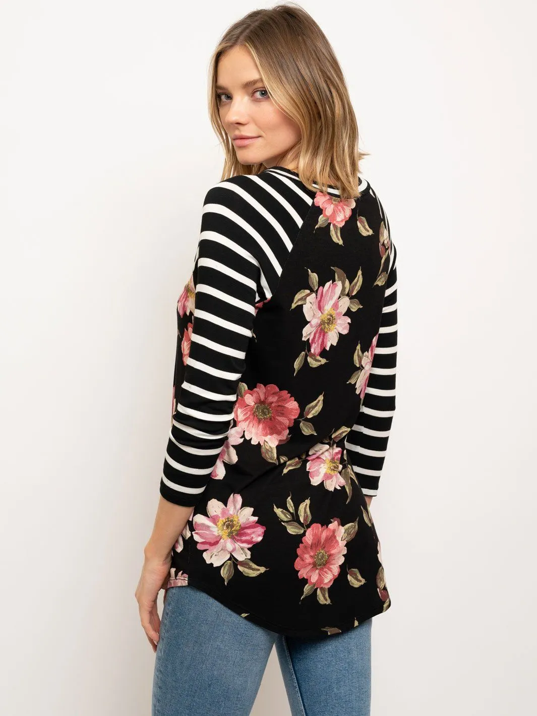 WOMEN'S BASEBALL TEE 3/4 SLEEVE STRIPES FLORAL BODY TOP