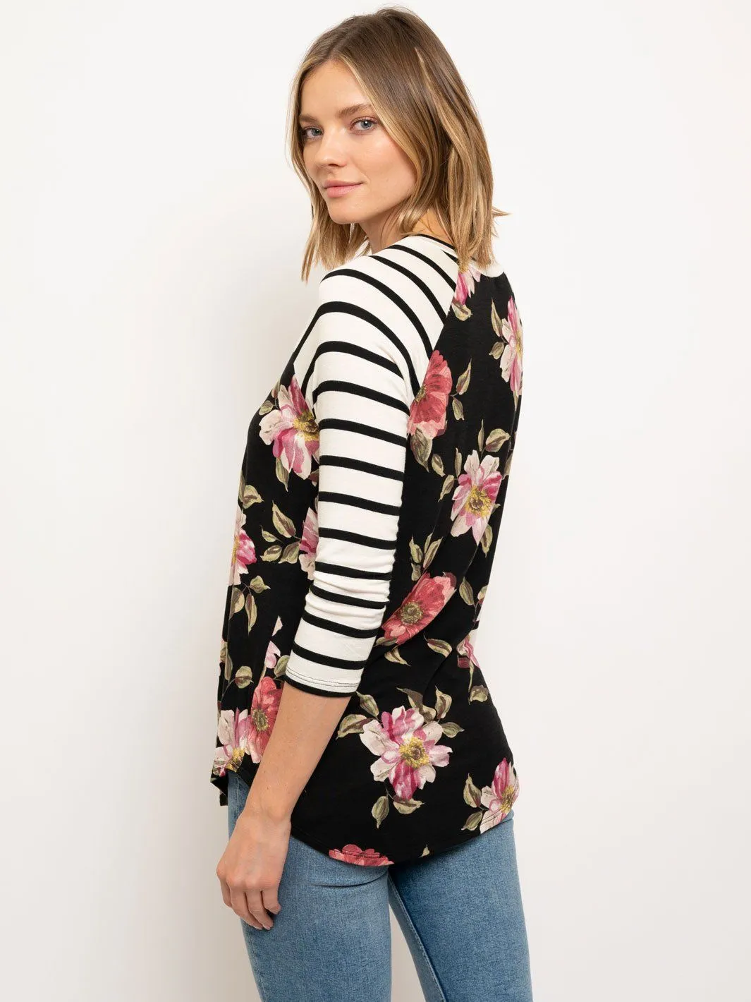 WOMEN'S BASEBALL TEE 3/4 SLEEVE STRIPES FLORAL BODY TOP
