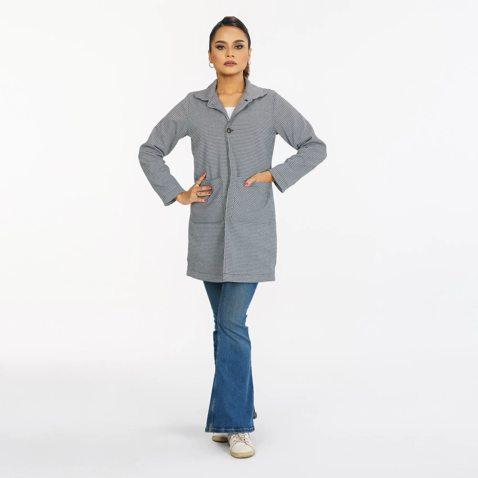Womens Black & White Check Trench Coat