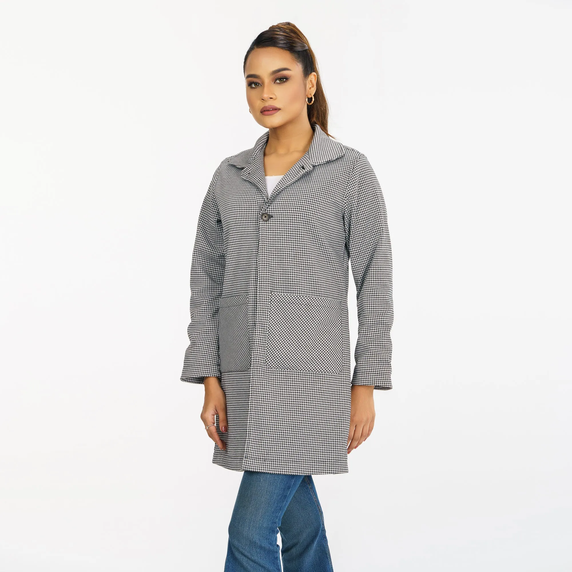Womens Black & White Check Trench Coat