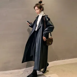 Women's Black Oversized Long Waterproof Vegan Leather Trench Coat