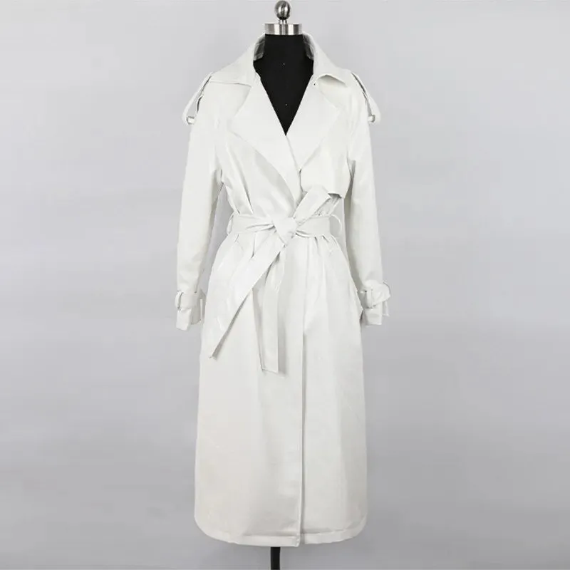Women's Black Oversized Long Waterproof Vegan Leather Trench Coat