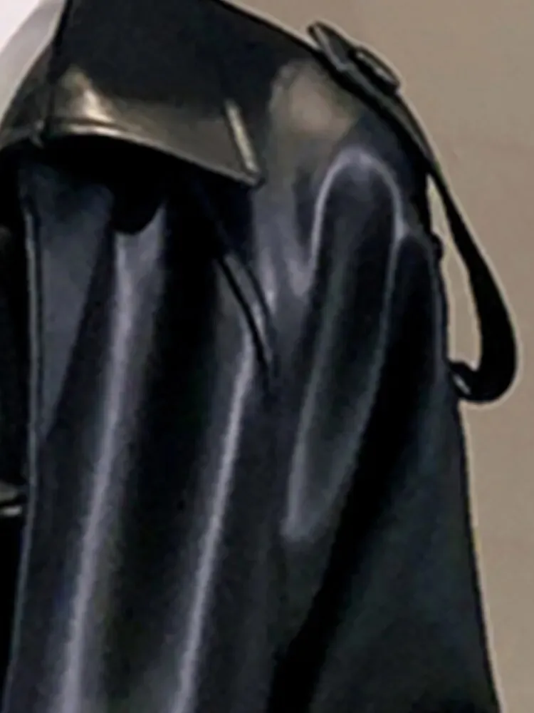 Women's Black Oversized Long Waterproof Vegan Leather Trench Coat
