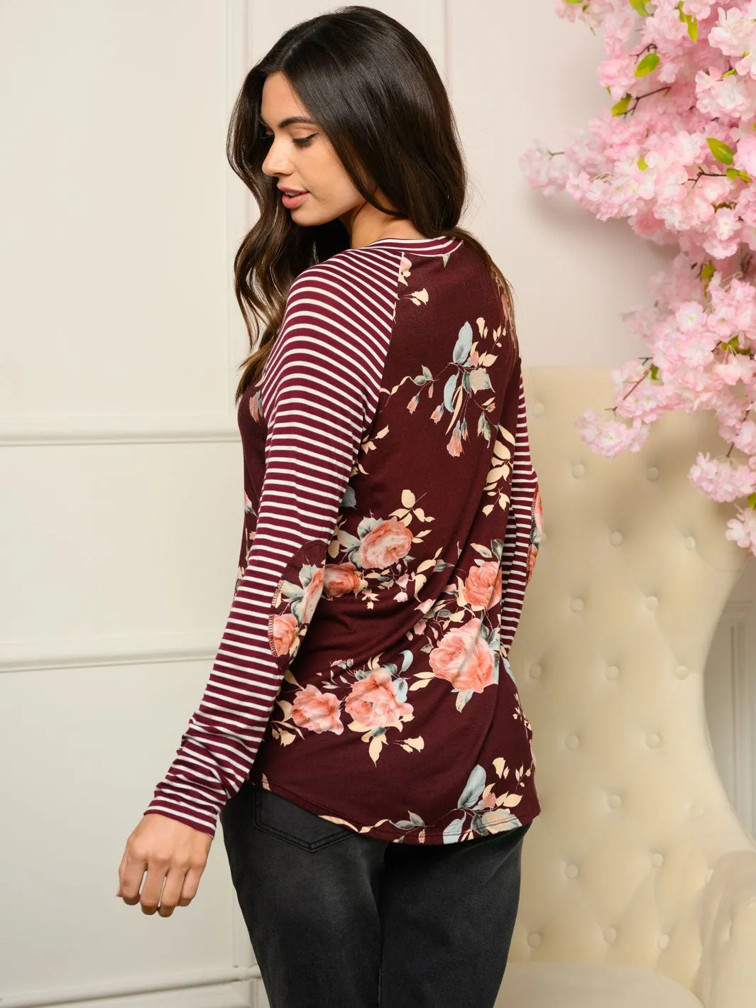 WOMEN'S FLORAL BASEBALL LONG SLEEVE TOP