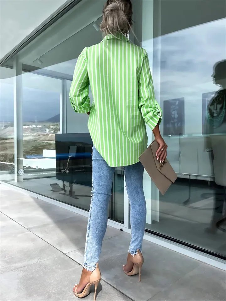 Women's Graceful Stripe Long Sleeve Lapel Shirt for Holiday