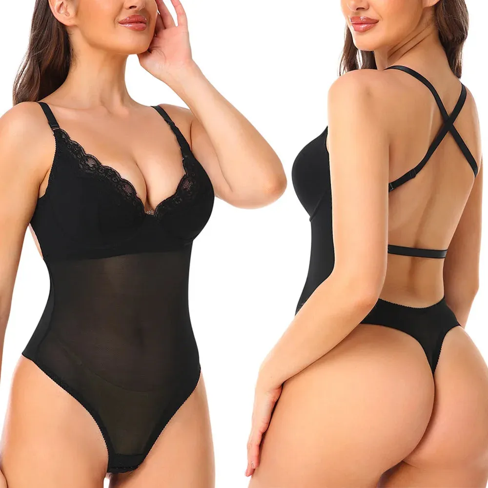 Women's Lace Open Crotch Bodysuit Shapewear with V-Collar Bras - Sexy Underwear Body Shaper
