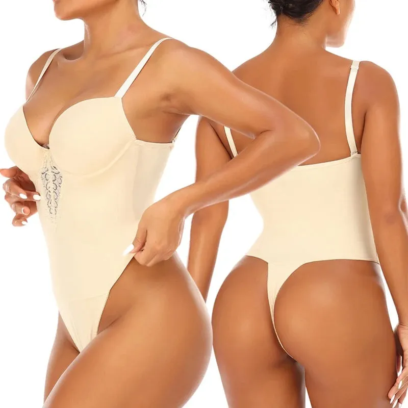 Women's Lace Open Crotch Bodysuit Shapewear with V-Collar Bras - Sexy Underwear Body Shaper
