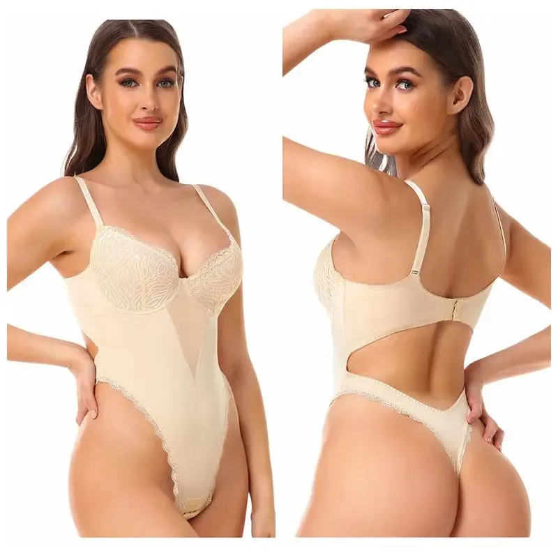 Women's Lace Open Crotch Bodysuit Shapewear with V-Collar Bras - Sexy Underwear Body Shaper