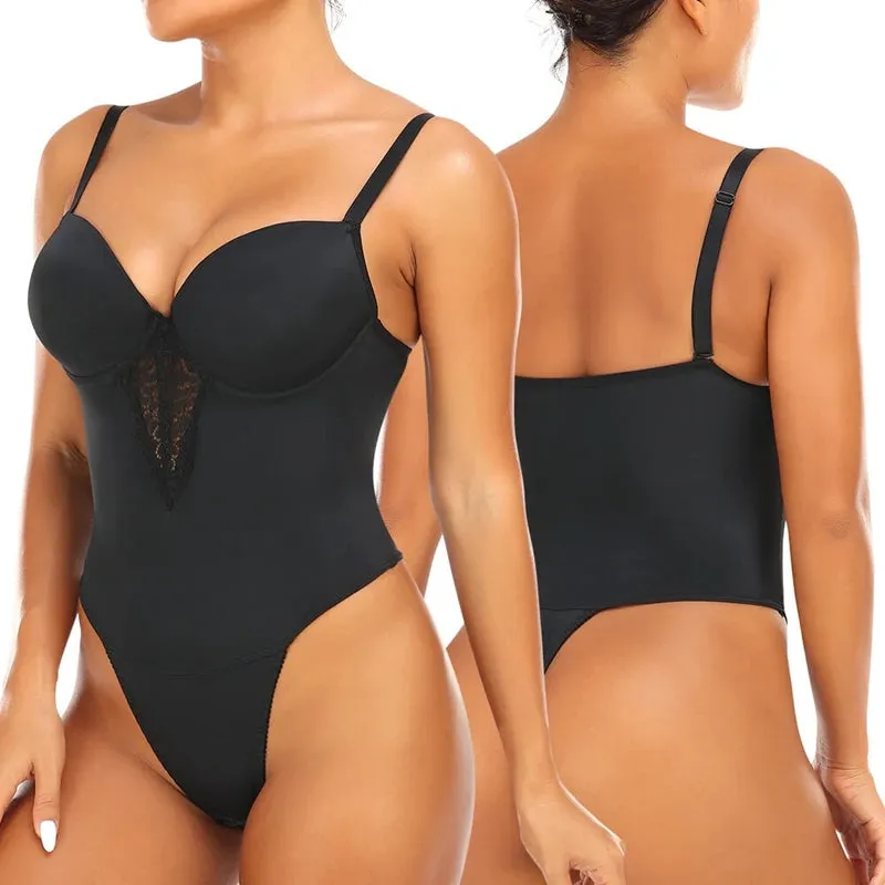 Women's Lace Open Crotch Bodysuit Shapewear with V-Collar Bras - Sexy Underwear Body Shaper