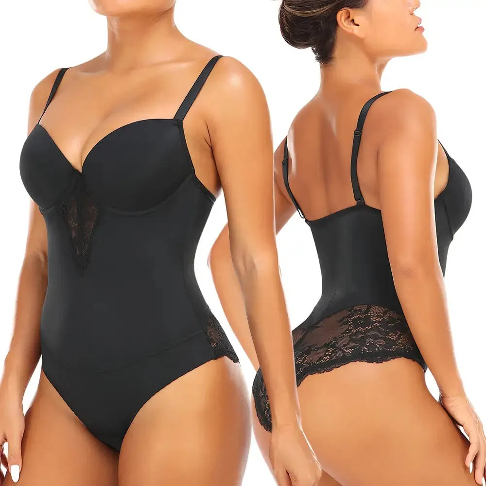 Women's Lace Open Crotch Bodysuit Shapewear with V-Collar Bras - Sexy Underwear Body Shaper