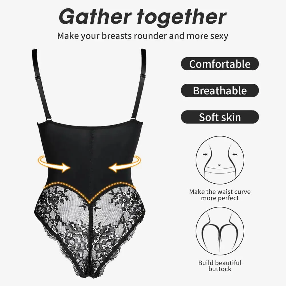 Women's Lace Open Crotch Bodysuit Shapewear with V-Collar Bras - Sexy Underwear Body Shaper