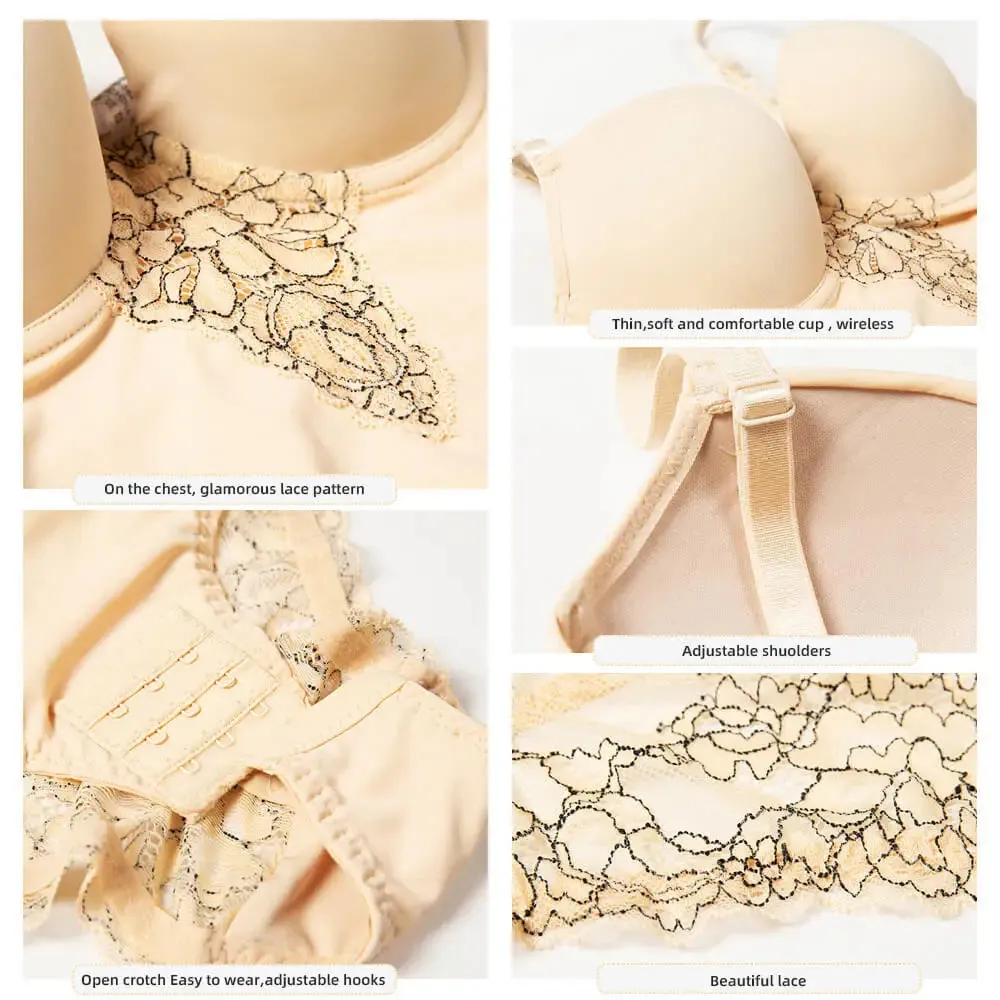 Women's Lace Open Crotch Bodysuit Shapewear with V-Collar Bras - Sexy Underwear Body Shaper
