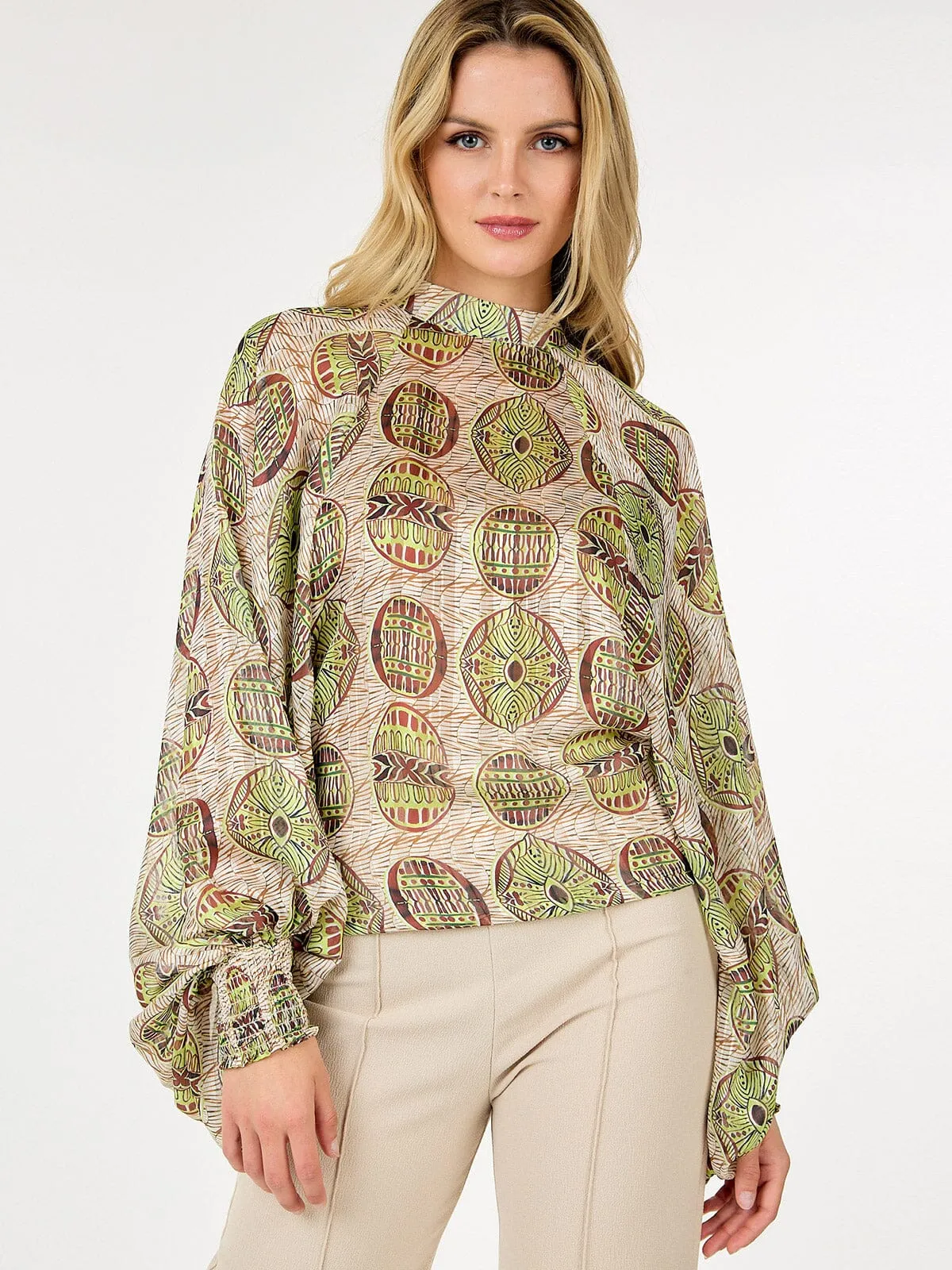 WOMEN'S LONG BALLON SLEEVE MULTI PRINT BLOUSE