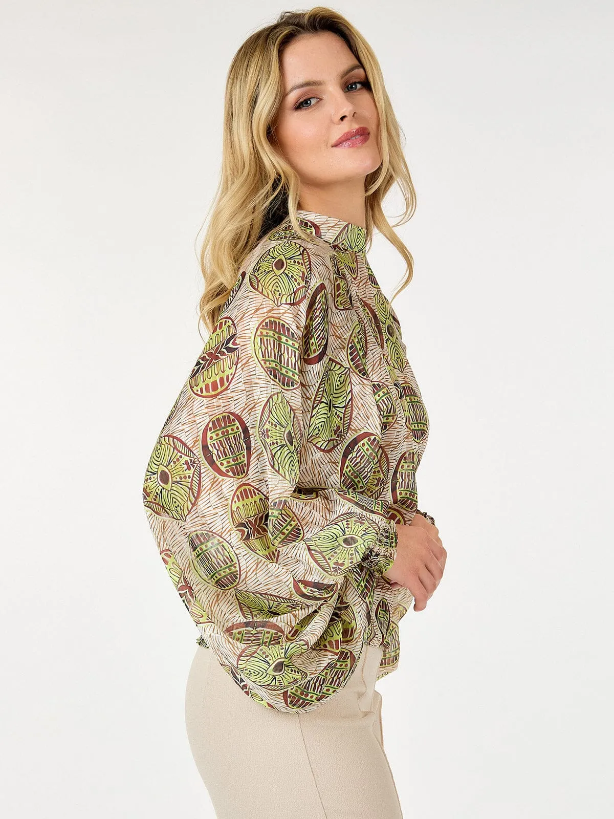 WOMEN'S LONG BALLON SLEEVE MULTI PRINT BLOUSE