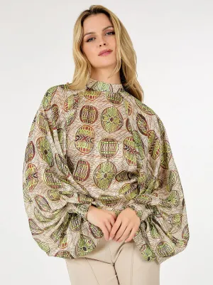 WOMEN'S LONG BALLON SLEEVE MULTI PRINT BLOUSE