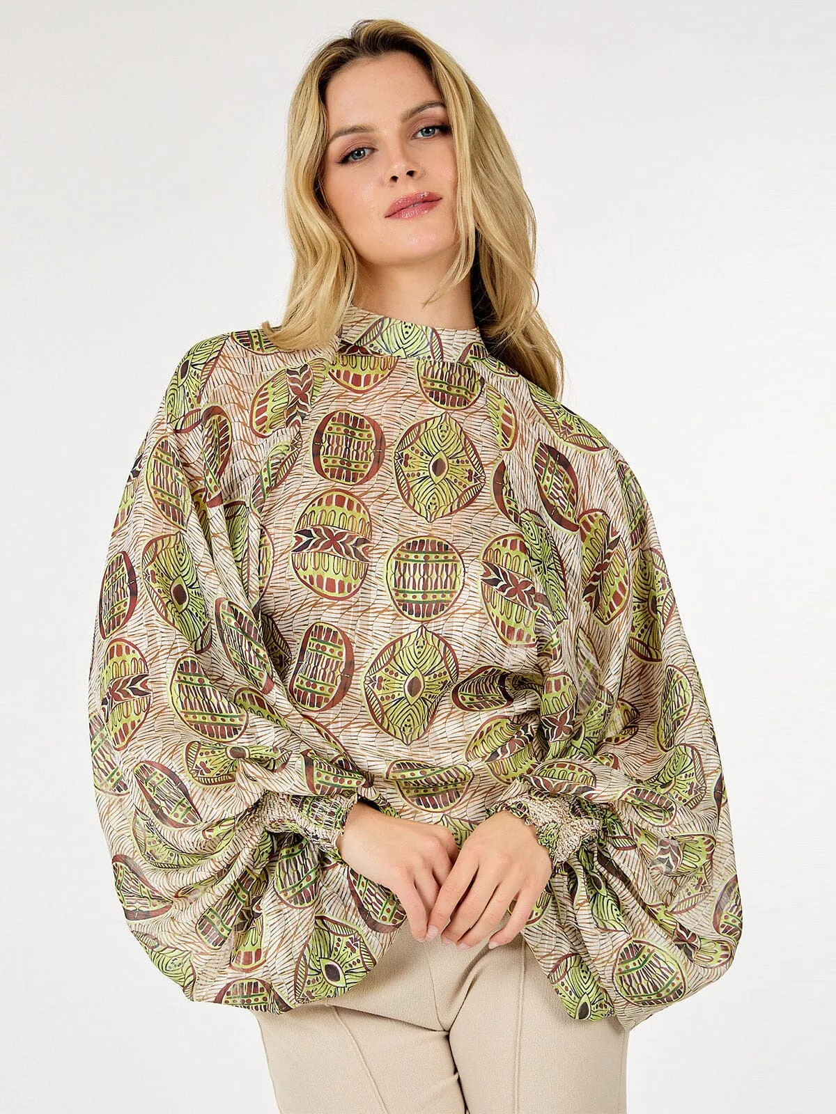 WOMEN'S LONG BALLON SLEEVE MULTI PRINT BLOUSE