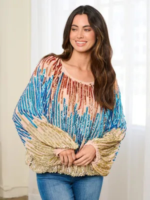 WOMEN'S LONG BALLON SLEEVE TUNIC COLORBLOCK SEQUINS BLOUSE TOP