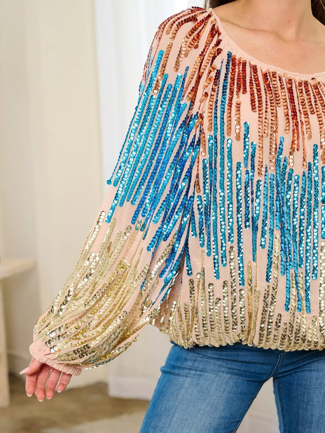 WOMEN'S LONG BALLON SLEEVE TUNIC COLORBLOCK SEQUINS BLOUSE TOP