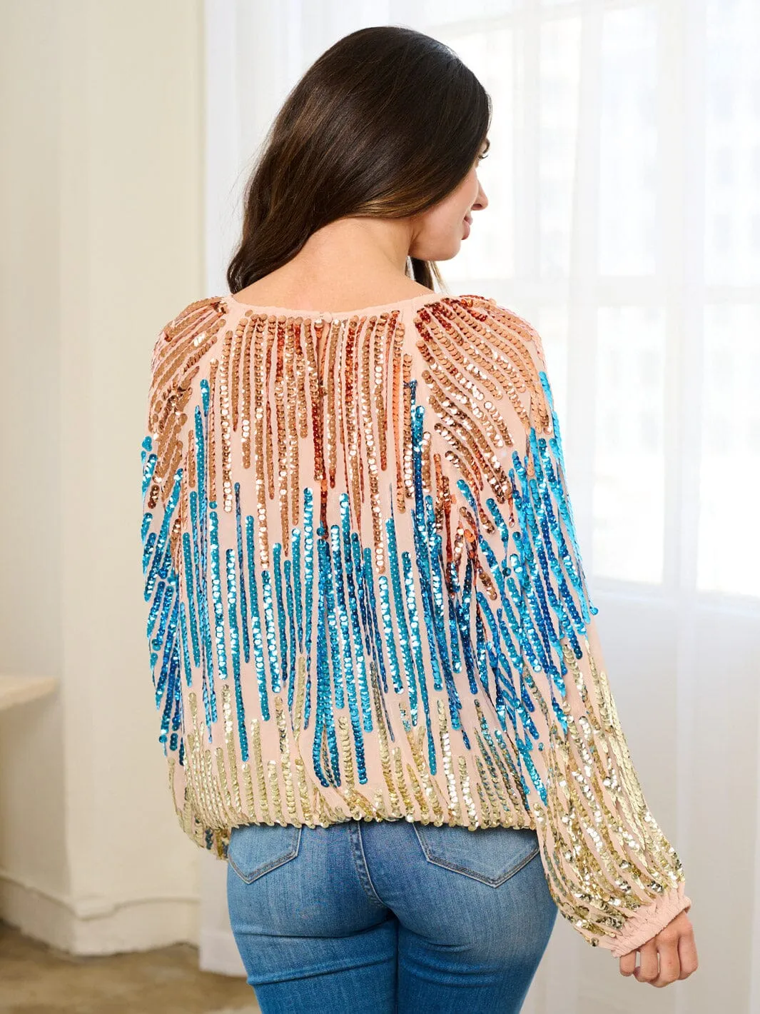 WOMEN'S LONG BALLON SLEEVE TUNIC COLORBLOCK SEQUINS BLOUSE TOP