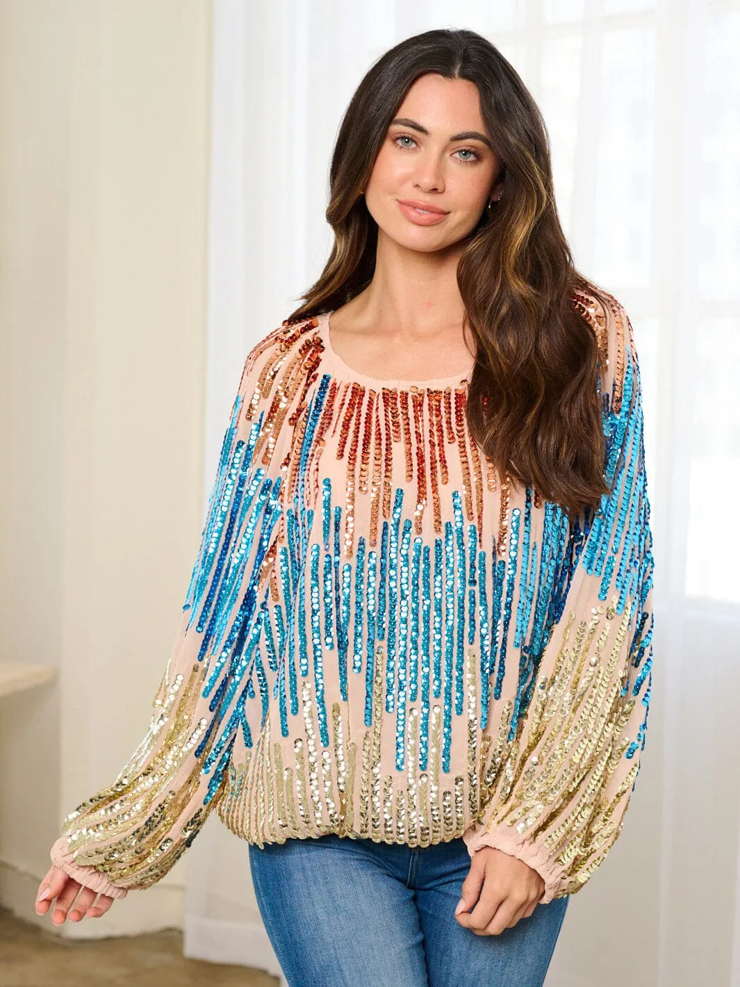 WOMEN'S LONG BALLON SLEEVE TUNIC COLORBLOCK SEQUINS BLOUSE TOP