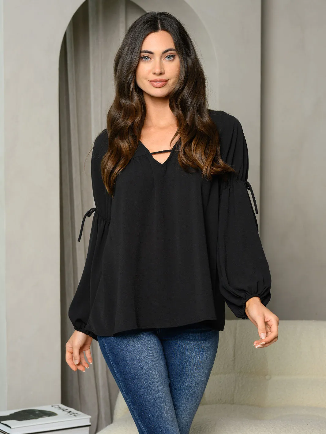 WOMEN'S LONG BALLON SLEEVE V-NECK TUNIC TOP