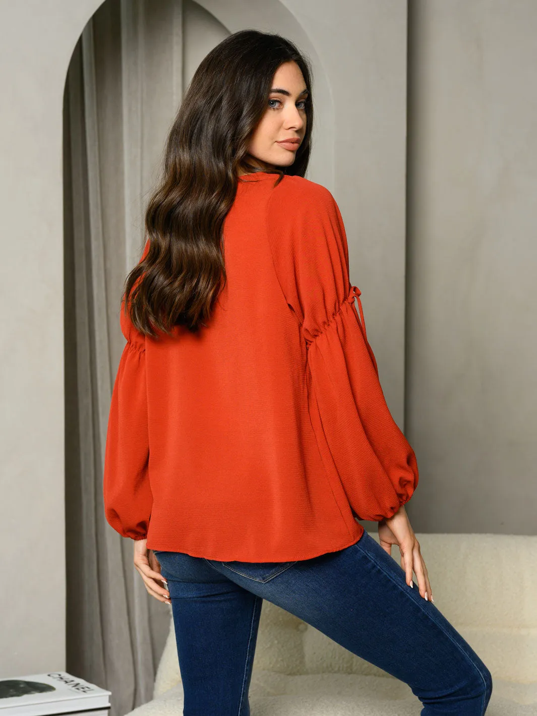 WOMEN'S LONG BALLON SLEEVE V-NECK TUNIC TOP
