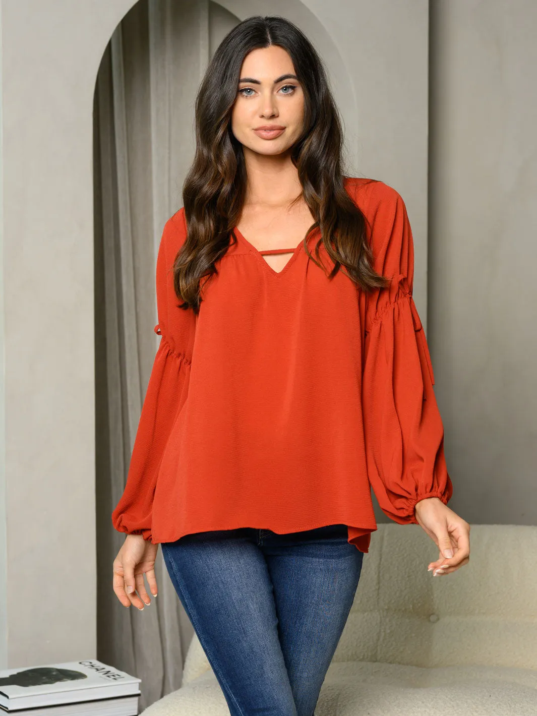 WOMEN'S LONG BALLON SLEEVE V-NECK TUNIC TOP