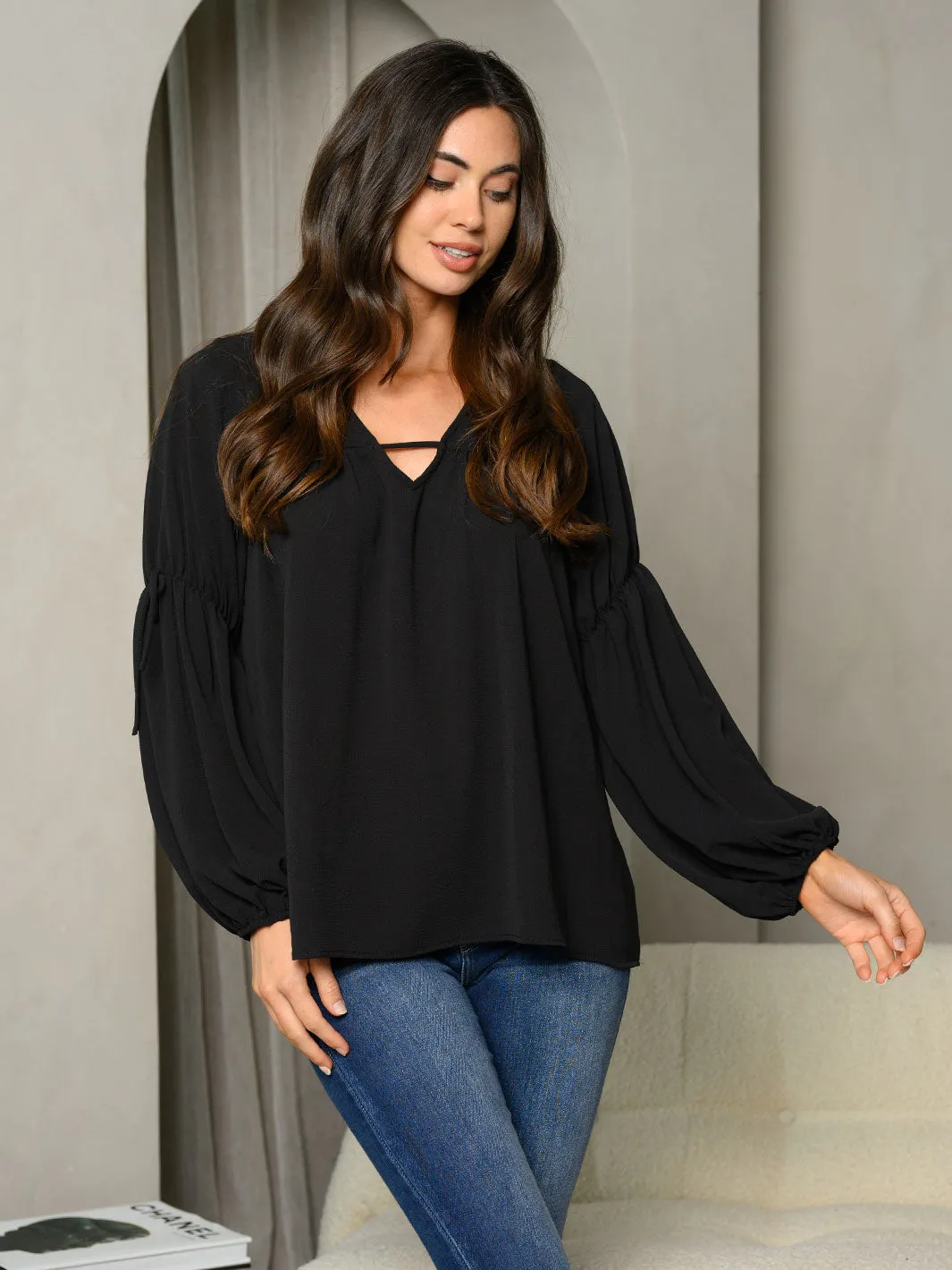 WOMEN'S LONG BALLON SLEEVE V-NECK TUNIC TOP