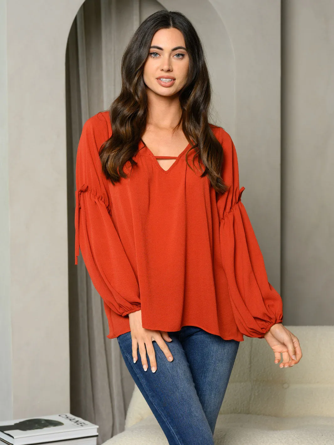 WOMEN'S LONG BALLON SLEEVE V-NECK TUNIC TOP