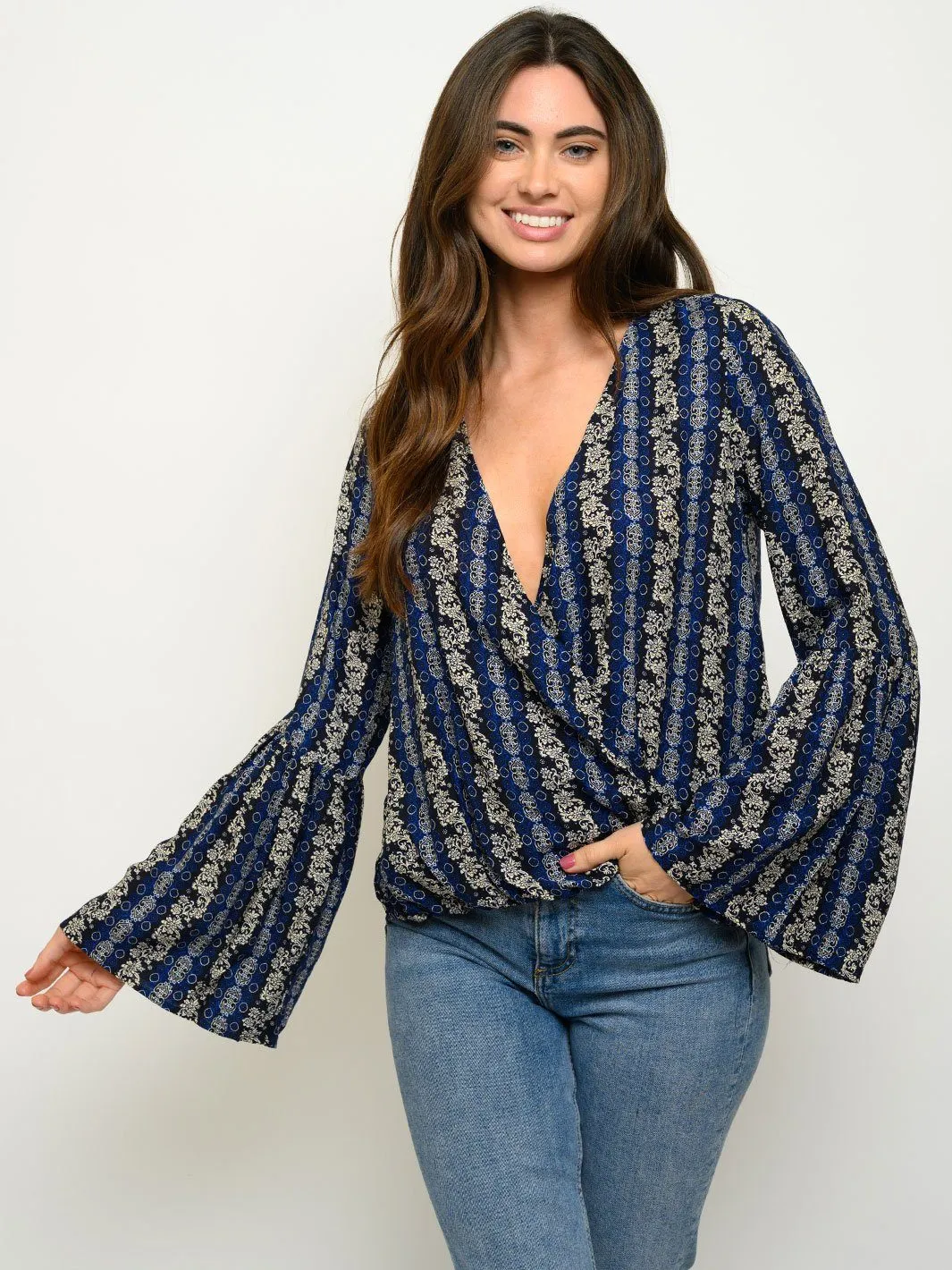 WOMEN'S LONG BELL SLEEVE WRAP TOP