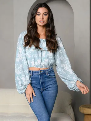 WOMEN'S LONG PUFF SLEEVE FLORAL RUFFLE PRINT TOP