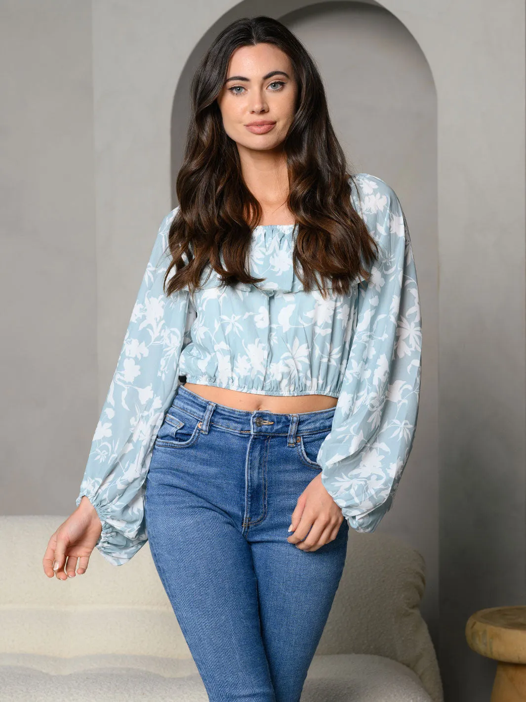 WOMEN'S LONG PUFF SLEEVE FLORAL RUFFLE PRINT TOP