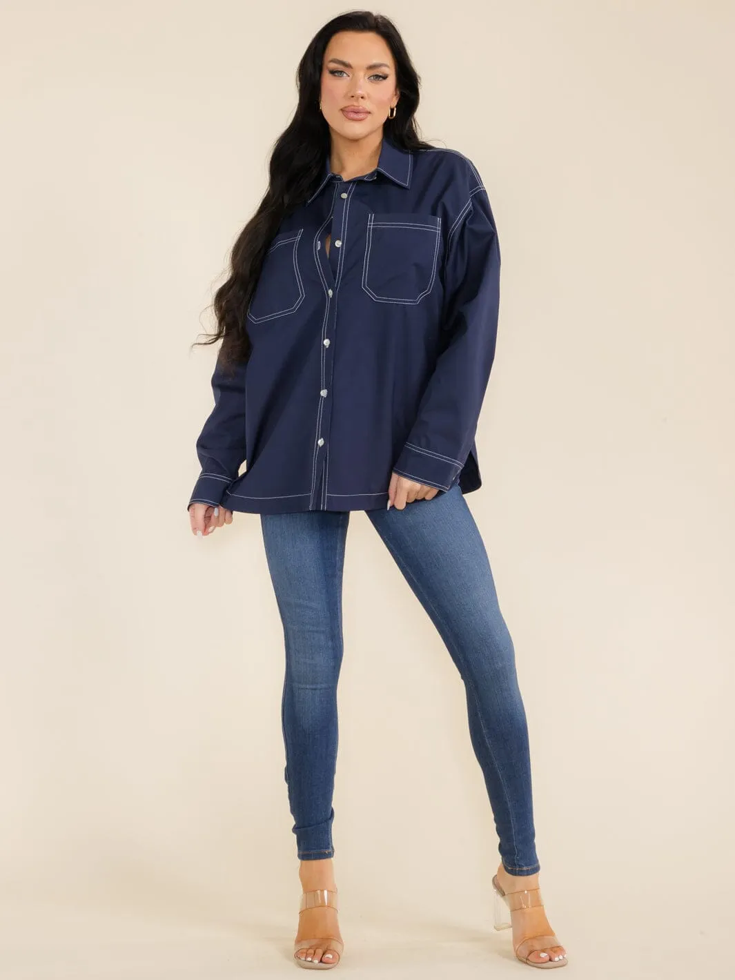 WOMEN'S LONG SLEEVE BUTTON CLOSURE FRONT POCKETS UTILITY JACKET
