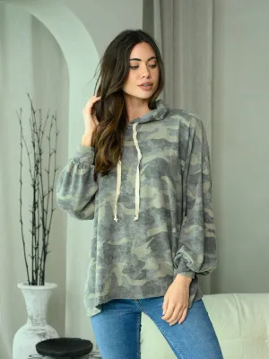 WOMEN'S LONG SLEEVE CAMO PRINT HOODIE TOP